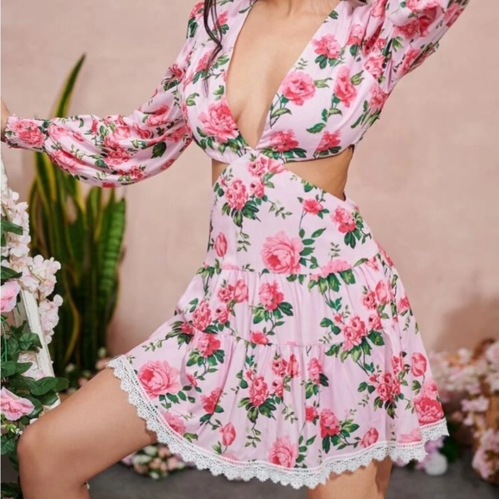 Barbie Pink Rose Floral LoveShackFancy style Mini Cut Out Flowy Summer Dress XS - Picture 11 of 13